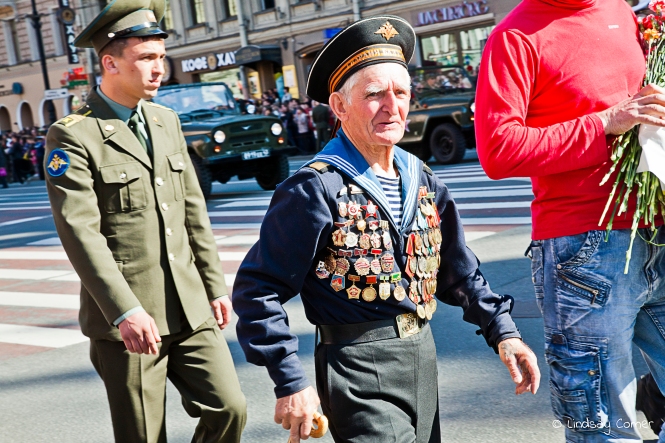 A well-decorated veteran marching in the Victory Day Parade, Saint Petersburg, Russia. 