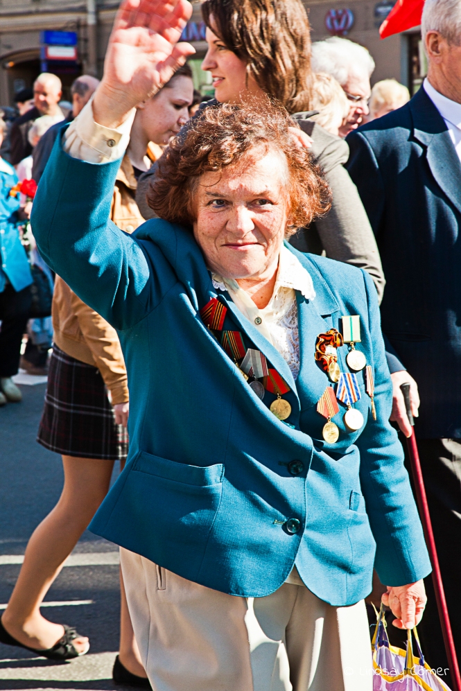 Russian woman marching in the Victory Day Parade, Saint Petersburg, Russia.