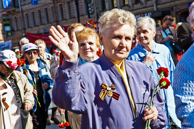 Russian woman marching in the Victory Day Parade, Saint Petersburg, Russia.