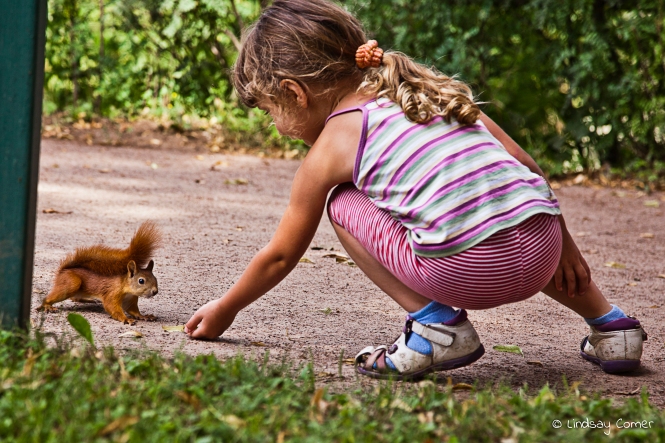 A little Russian girl trying to feed candy to a squirrel in the park at Pavlovsk; Saint Petersburg, Russia. 